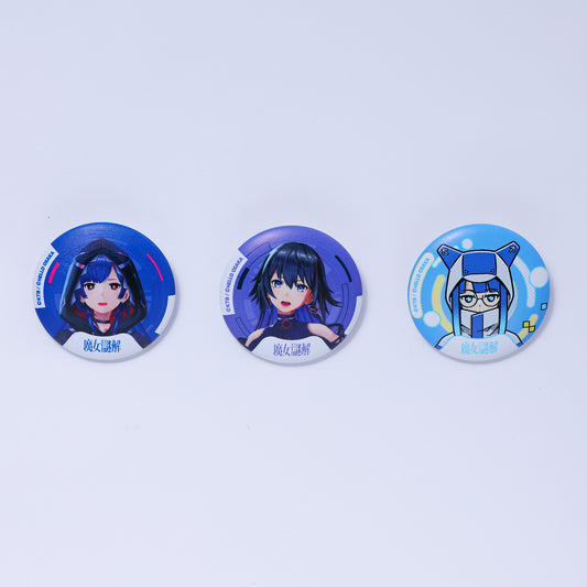 【KAMITSUBAKI STUDIO×HELLO OSAKA】クッション缶バッジ3個セットB（狸眼・此処・観歌）／KAMITSUBAKI STUDIO presents バーチャル謎解きミステリー「魔女謎解」with HELLO OSAKA OFFICIAL GOODS